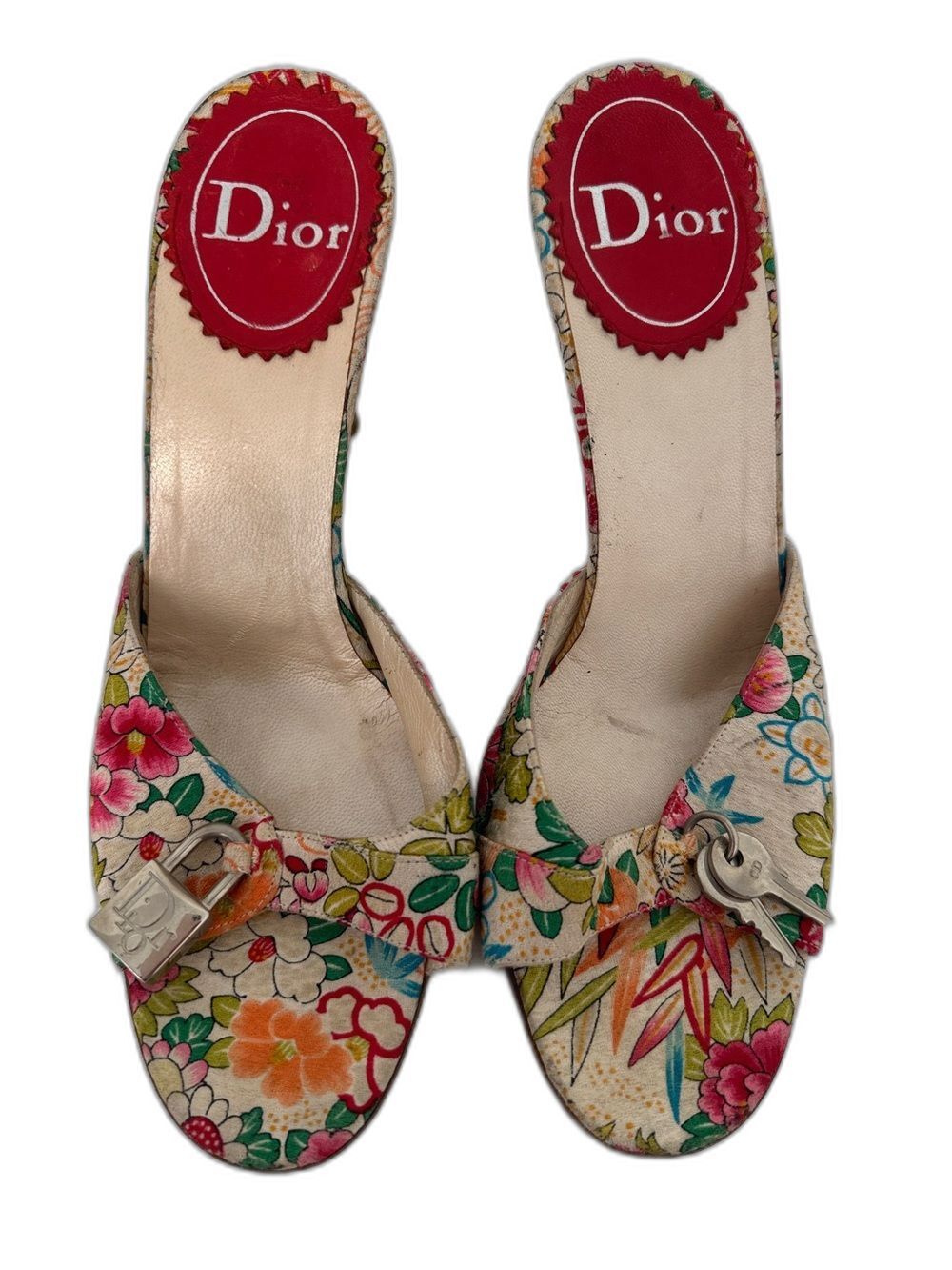 Dior Silk Floral Padlock Key Open Toe Heels Open Toe Sandals Vintage Y2K Shoes